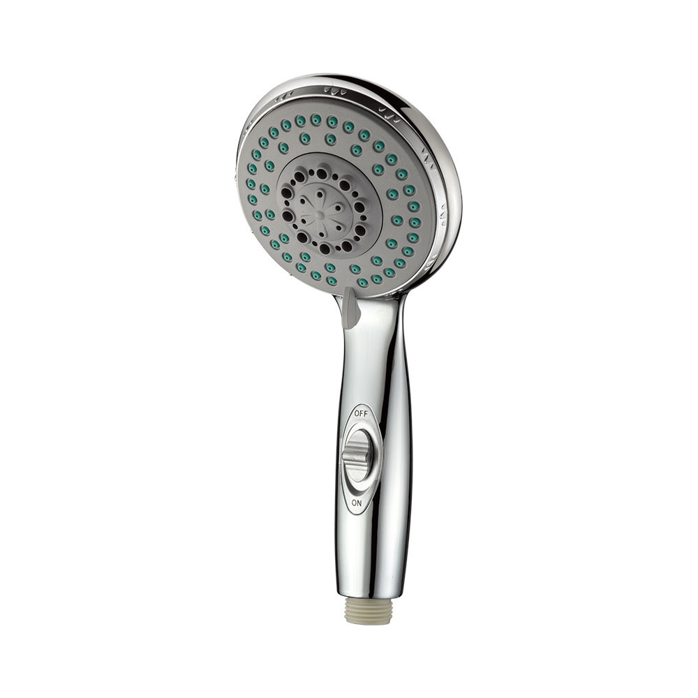 ZH2019AC chrome multi-function handheld shower head with teal nozzles and ON/OFF slide switch on handle