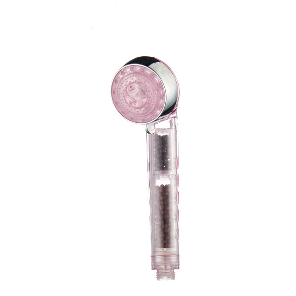 ZH2088T transparent pink handheld filter shower head with chrome rim and two-stage mineral bead chambers