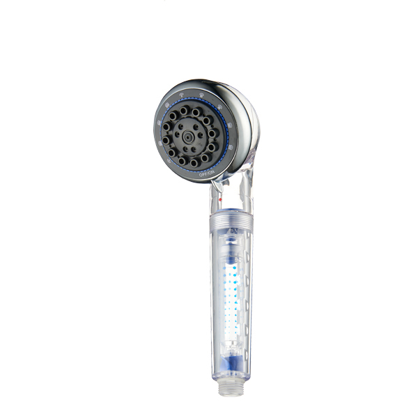 ZH2091T transparent handheld shower head with white PP cotton filter cartridge, chrome head and blue OFF/ON ring