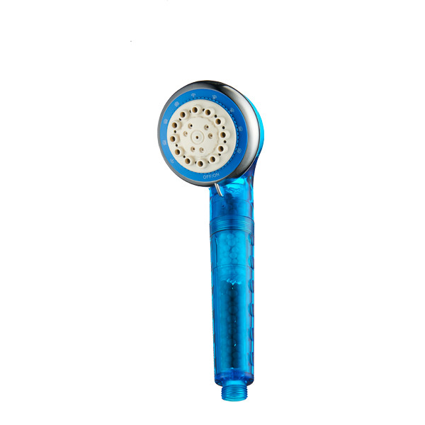 ZH2092T-1B transparent blue handheld shower head with chrome rim, OFF/ON face ring and mineral bead filter handle