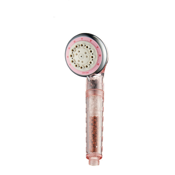 ZH2092T-1P transparent pink handheld shower head with chrome rim, OFF/ON face ring and mineral bead filter handle