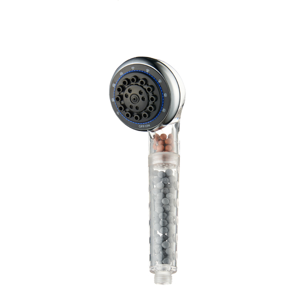 ZH2092T chrome handheld shower head with OFF/ON blue ring and transparent handle of grey and orange mineral beads