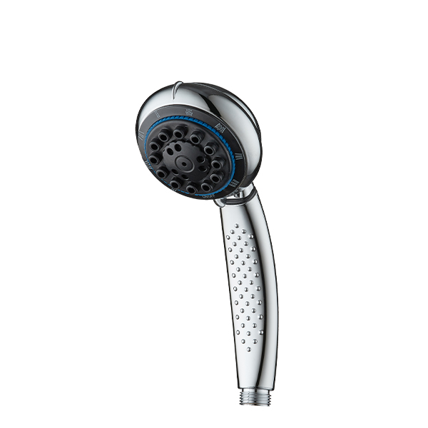 ZH2121C chrome handheld shower head with black nozzle face, blue mode ring and dimpled textured handle