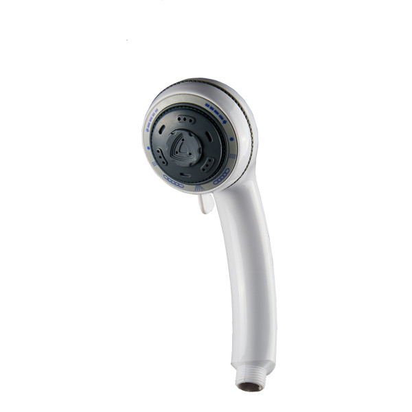 ZH2136W white handheld multi-function shower head with grey face plate, triangular dial and blue mode icons
