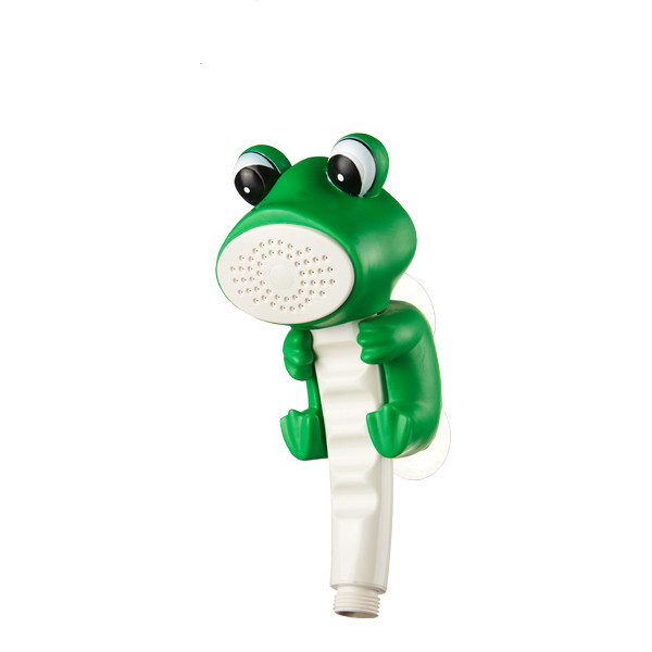 ZH2197W green cartoon frog baby shower head with white oval spray face, white handle and suction cup