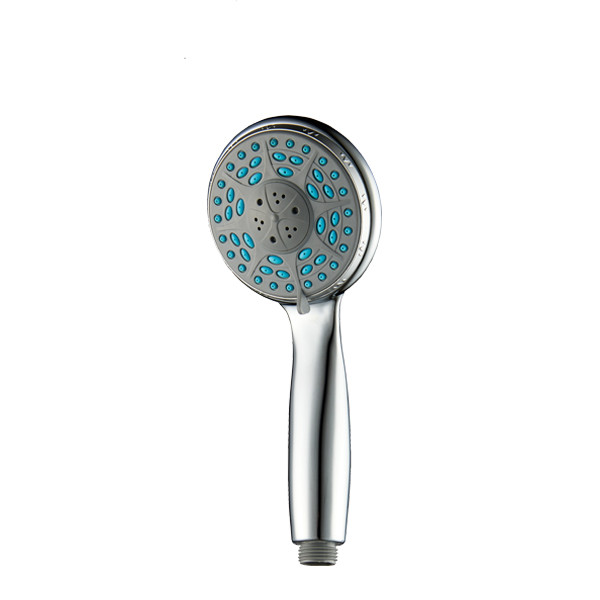 ZH2203C chrome handheld shower head with grey face plate and blue oval rubber nozzles in a swirl pattern