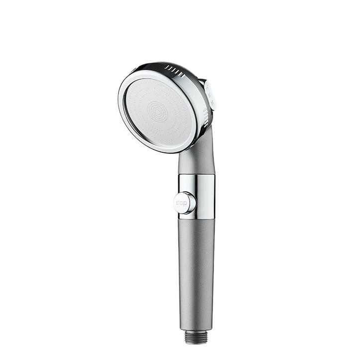 ZH2256-2 matte silver grey handheld shower head with chrome bezel, white micro-hole face and stop button