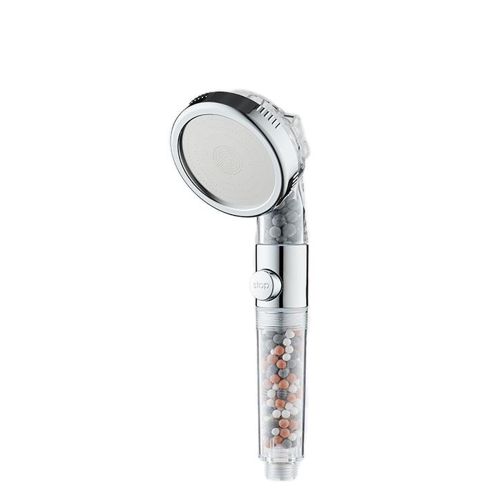 ZH2256T-1 chrome handheld filter shower head with stop button and transparent handle of mixed mineral beads