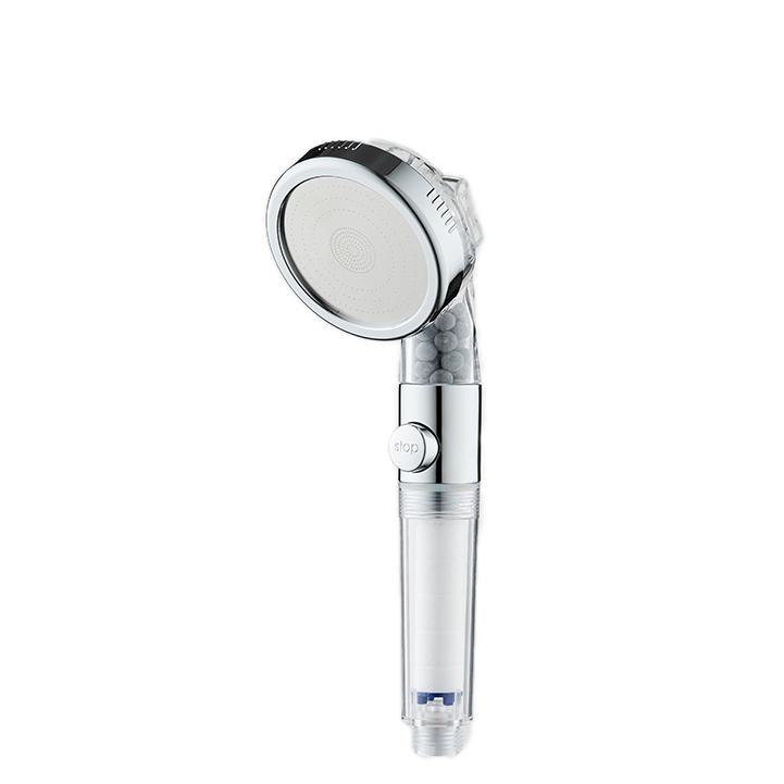 ZH2256T chrome handheld filter shower head with stop button, grey beads and PP cotton cartridge in clear handle