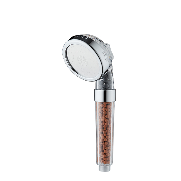 ZH2258 chrome handheld filter shower head with transparent handle of orange mineral beads and grey bead neck