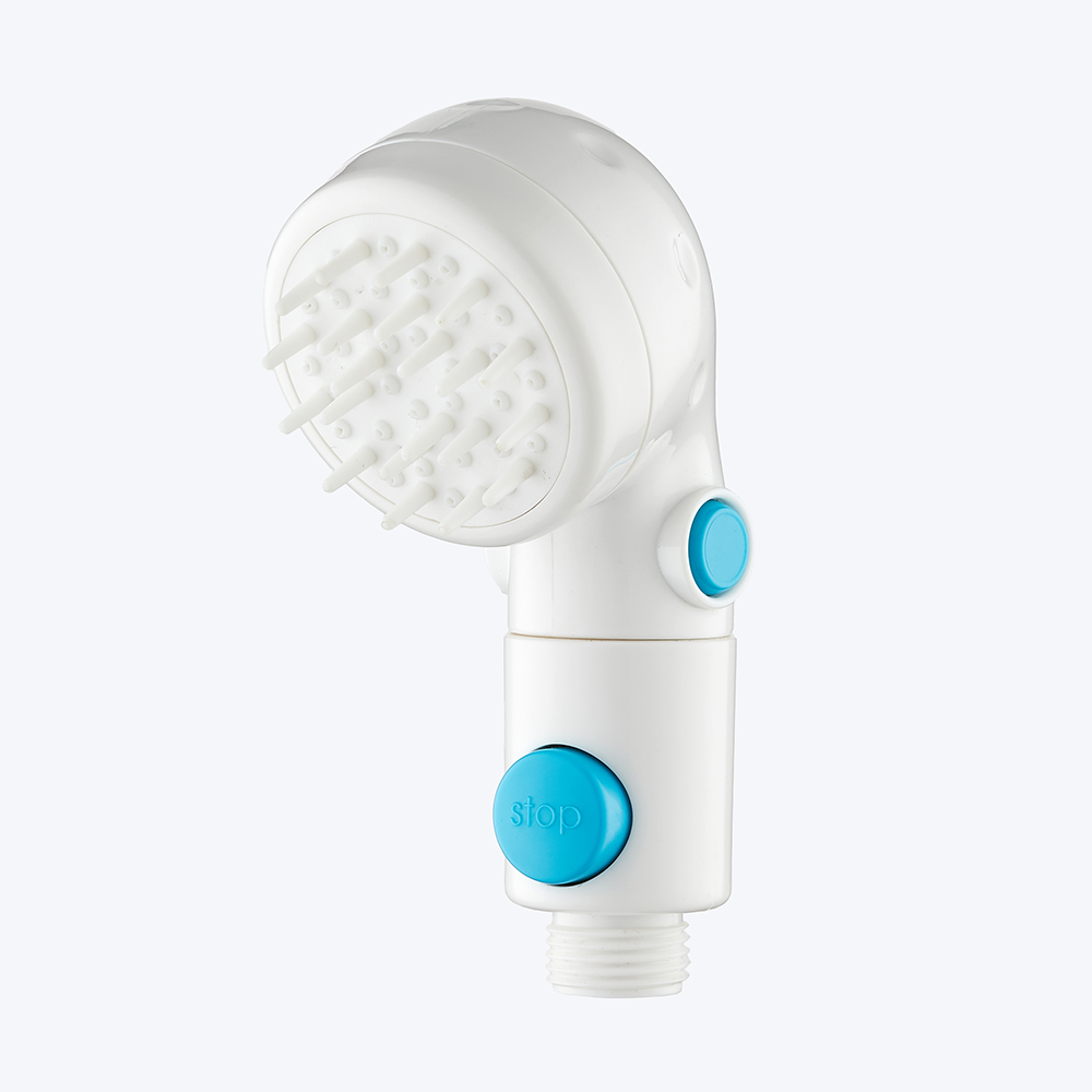 ZH2982W white handheld massage shower head with silicone bristles and light-blue stop button