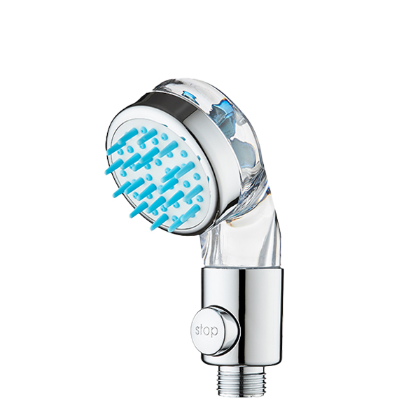 ZH2983 clear transparent handheld massage shower head with blue silicone bristles and chrome stop button