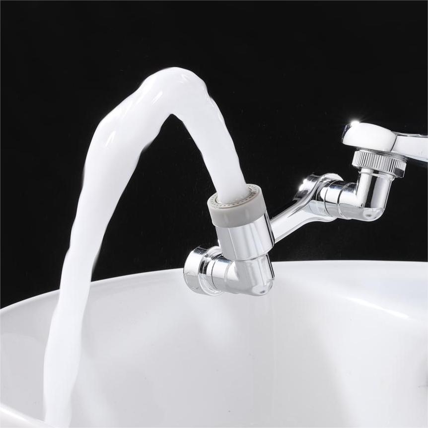 ZH3333 chrome articulated swivel faucet extender arm with grey aerator shown on a basin tap