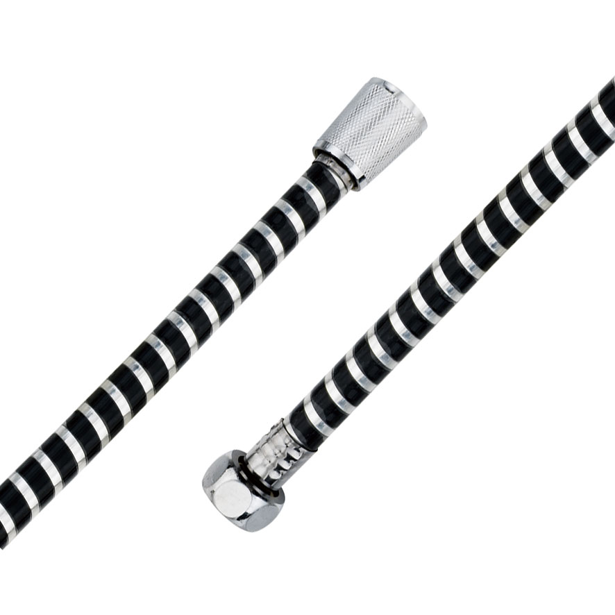 ZHSH0010 black shower hose with chrome spiral stripe and chrome knurled and conical end nuts