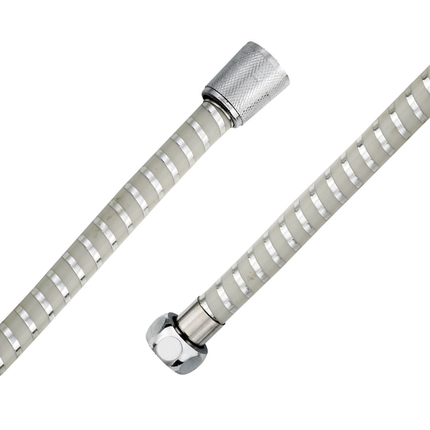 ZHSH0011 light grey PVC shower hose with chrome spiral stripe and chrome end nuts